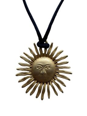 Sun Face Pendant Necklace Gold Tone Celestial Boho Cord